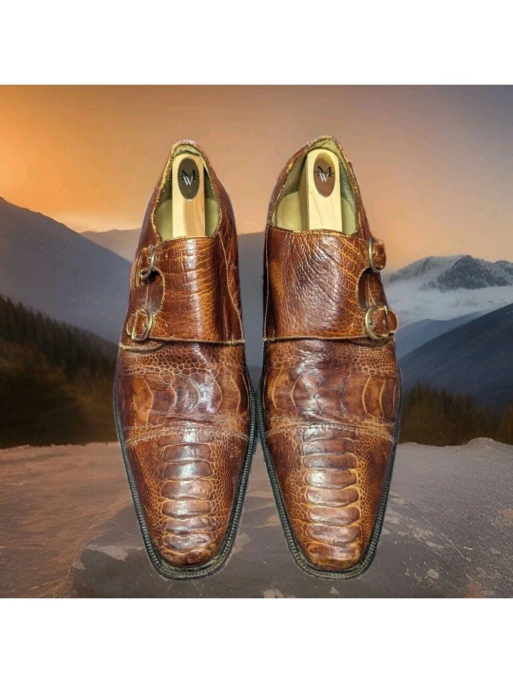 BELVEDERE Exotic Genuine Ostrich Leg Monkstrap Dress Shoes Mens 10.5 Camel Brown